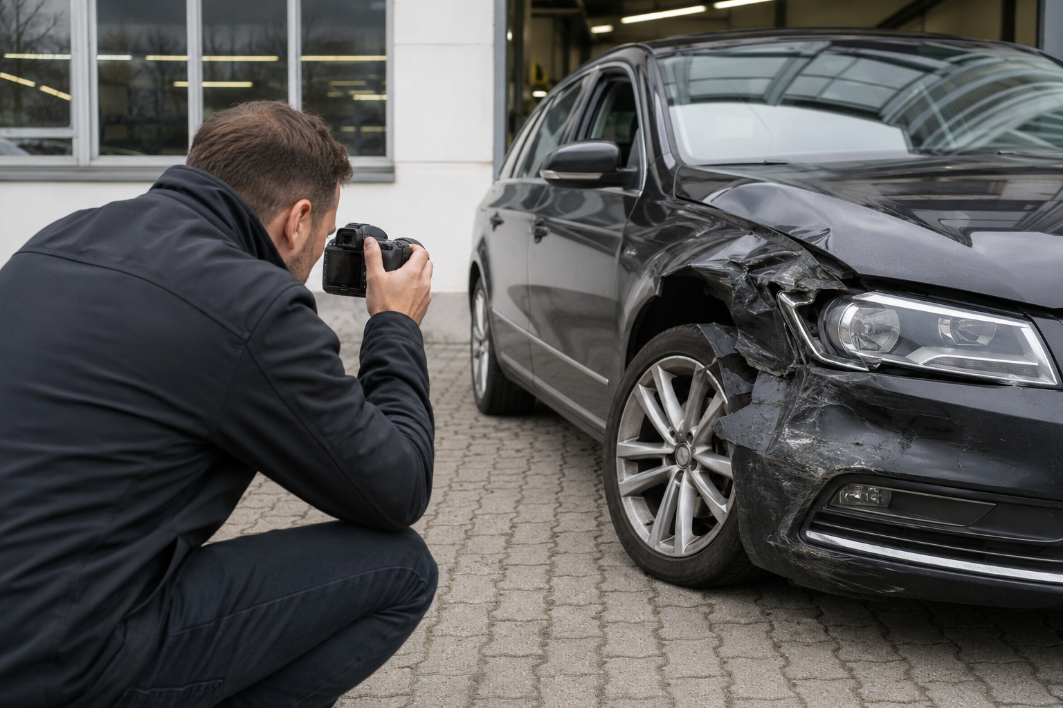 Kfz-Gutachter fotografiert einen Unfallschaden an einem Fahrzeug